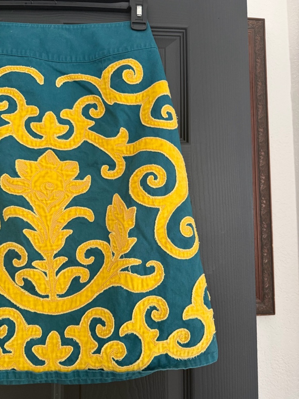 Boden Teal A-Line Skirt with Yellow Embroidered Motif - Picture 4 of 8